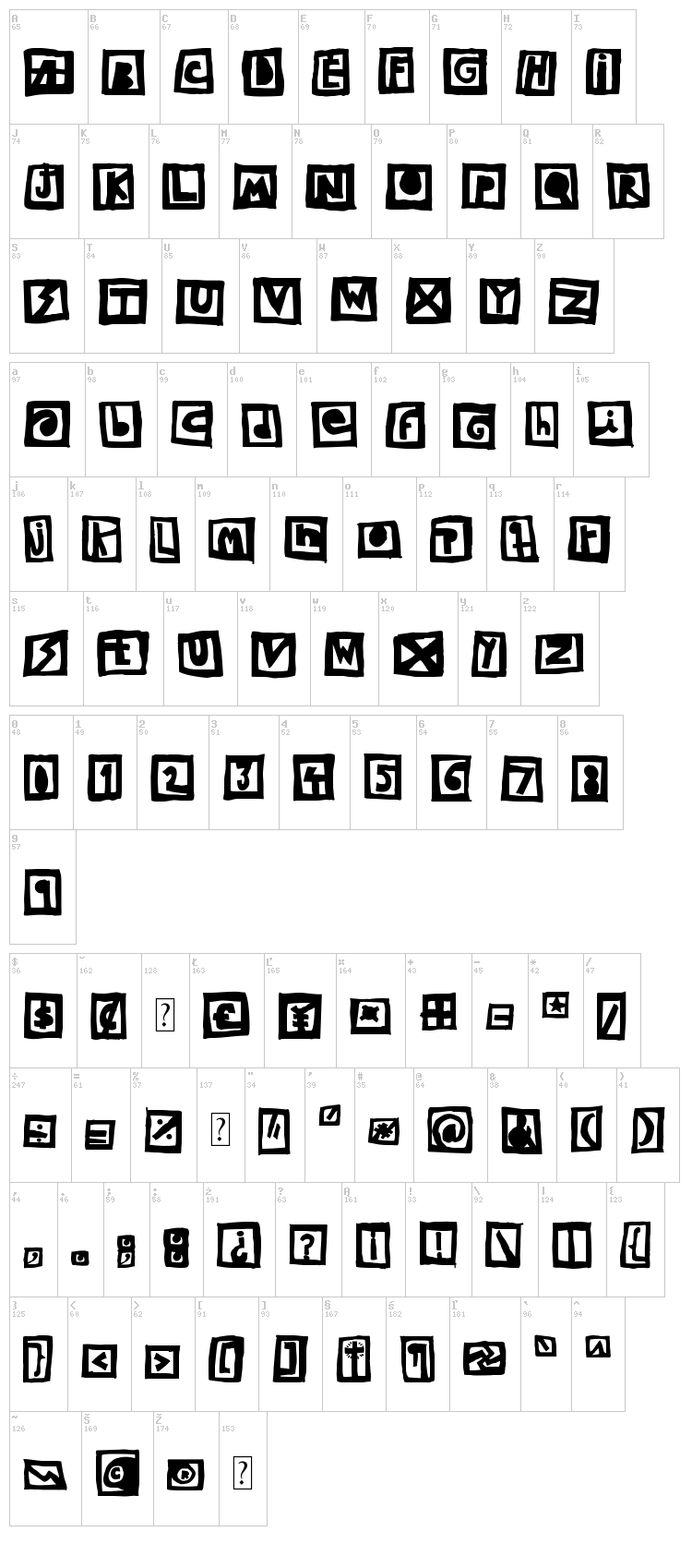 Woodcutter Black Square font map